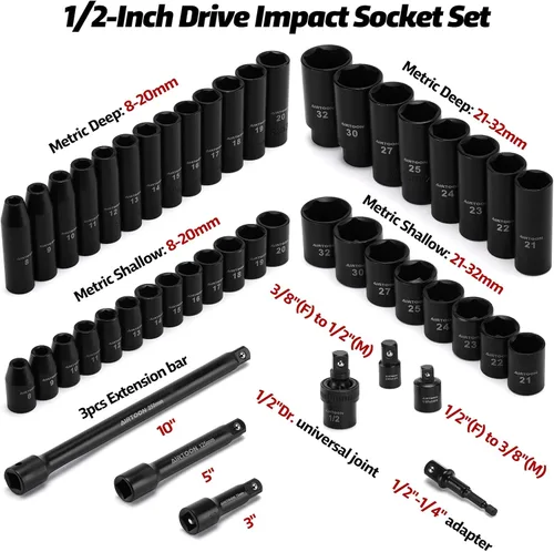 Miniatura 3 de Juego de llaves de impacto con guía de 1/2 pulgada, 49 piezas de vasos métricos profundos y poco profundos de 8 mm a 32 mm, 6 puntas, acero CR-V