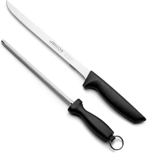 Arcos Juego de 2 cuchillos para tallar jamón y sacapuntas de silla en acero inoxidable con mango ergonómico de polipropileno. Serie Niza. Color Negro
