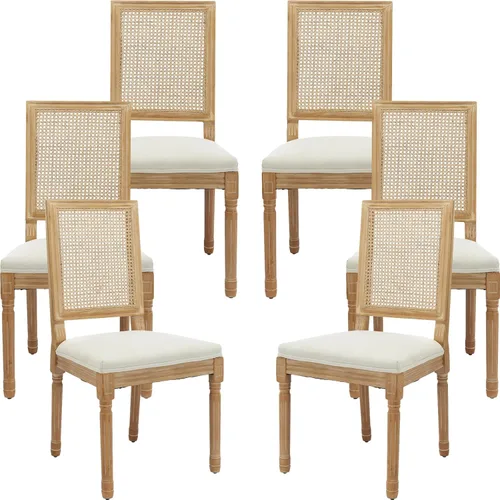 Miniatura 67 de Juego de 2 sillas de comedor de campo francés, sillas de comedor de madera de granja beige, silla de comedor con respaldo tejido con cojín tapizado