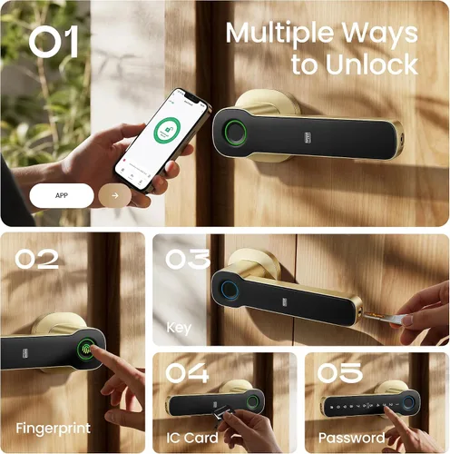 Miniatura 2 de Leydebong Cerradura de puerta inteligente con huella digital, tarjeta IC y teclado, cerradura electrónica 5 en 1 con control de aplicación, fácil