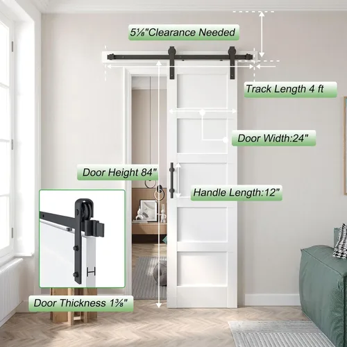 Miniatura 6 de Fredbeck puerta de granero blanca de 24x84 pulgadas con kit de herrajes para puerta corredera de 4 pies incluido y manija, MDF, superficie de PVC