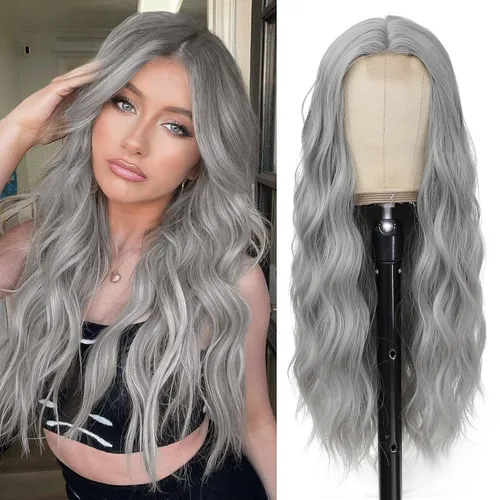 Miniatura 21 de YBYMCAI - Peluca azul larga y ondulada para mujer, parte media, peluca azul degradada de 26 pulgadas, pelo natural rizado sintético, fibra Azul