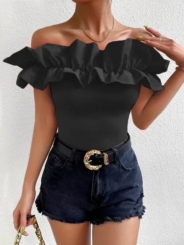 Miniatura 3 de OYOANGLE Blusa de manga corta con volantes y hombros descubiertos para mujer