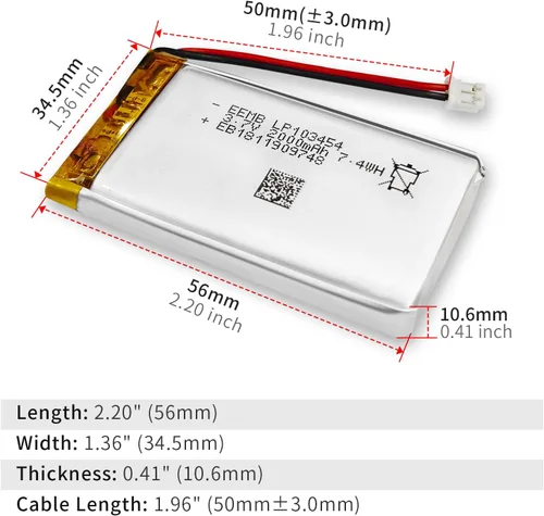 Miniatura 5 de EEMB Batería de Polímero de Litio 3.7V 2000mAh 103454 Paquete de Batería Recargable Lipo con Conector JST para Altavoz y Dispositivo Inalámbrico