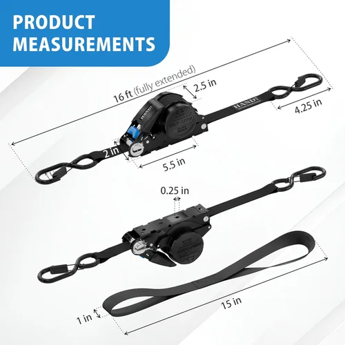 Miniatura 8 de Correas de trinquete retráctiles, 1 pulgada x 16 pies, resistencia a la rotura de 1500 libras, alta resistencia, autorretráctil, botón de Negro