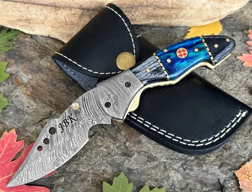 Miniatura 13 de Cuchillo de bolsillo de acero de Damasco para hombres con funda de cuero, cuchillos de caza plegables hechos a mano de 7 pulgadas, con asa, cuchillo