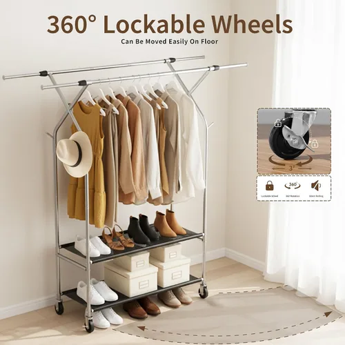 Miniatura 3 de HAPPY CHEERS Perchero de ropa resistente, perchero de doble barra para colgar ropa, estantes de ropa rodantes con ruedas, perchero de metal