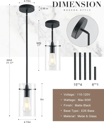 Miniatura 4 de Paquete de 2 luces colgantes para isla de cocina, lámparas colgantes ajustables de cristal, luces colgantes negras mate, isla de cocina, iluminación