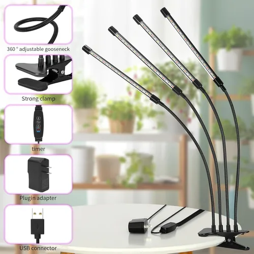 Miniatura 3 de Luz de cultivo de plantas, espectro completo de 6000 K con LED rojos y blancos ajustables, atenuación de 10 niveles, lámpara de clip alimentada por