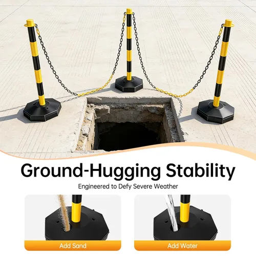 Miniatura 4 de 6 piezas de conos de tráfico con base rellenable de polietileno amarillo, poste de estacionamiento portátil con cadenas de 6.6 pulgadas, conos