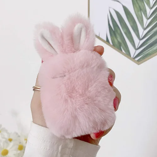 Miniatura 3 de Guppy Compatible con AirPods Furry Bunny Case Girls 3D Cartoon Cute Rabbit Ears Plush Fluffy Warm Funda de transporte suave funda protectora Rosa