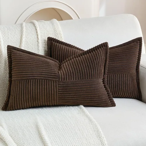 Miniatura 31 de HAUSSY Paquete de 2 fundas de almohada de 16 x 16 pulgadas, fundas decorativas de pana suave, estilo bohemio, a rayas, sólidas, decoración