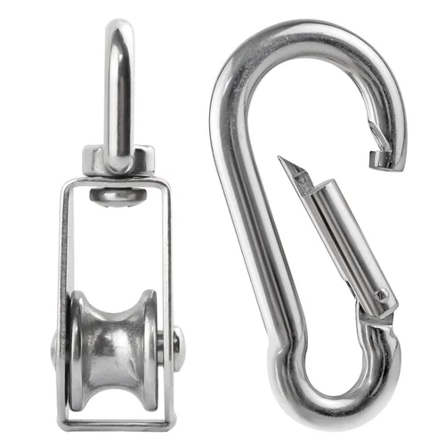 Miniatura 3 de 3 piezas de acero inoxidable 304 M32 de un solo bloque de polea, cuerda de alambre colgante rueda de remolque, con 3 ganchos de resorte