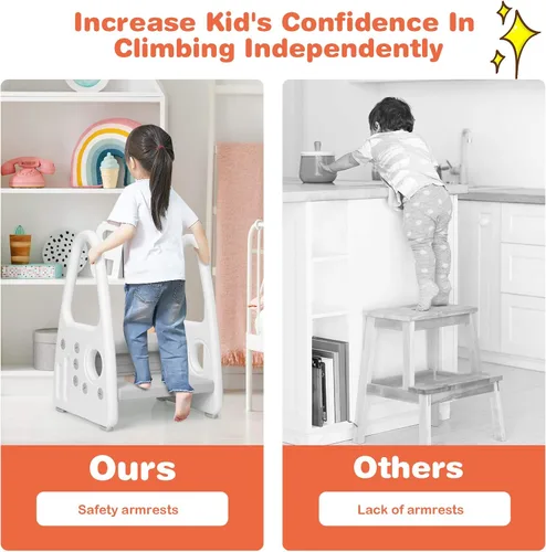Miniatura 4 de Costzon Taburete para niños, escalera para entrenamiento de inodoro, encimera de cocina, baño, torre de dos escalones con diseño antideslizante, Gris