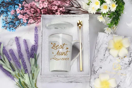 Miniatura 7 de Taza de café Best Aunt Ever de 14 onzas, color gris, con caja de regalo, cuchara y posavasos, regalo perfecto para tía para cumpleaños, día