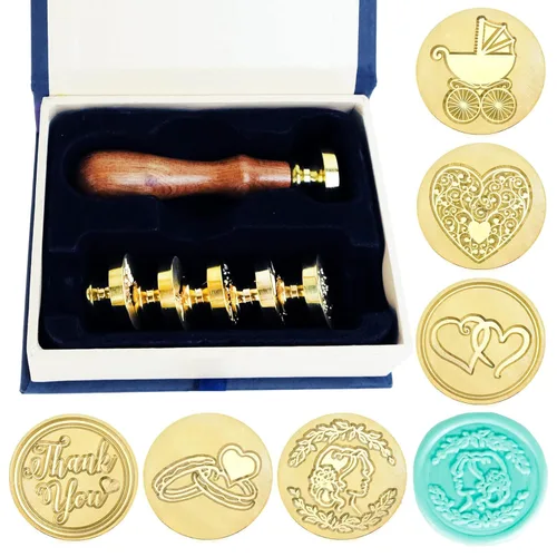 Juego de 6 cabezas de sello de cera de boda con cabeza de latón + 1 mango de madera vintage + caja de regalo, sellos de cera para boda