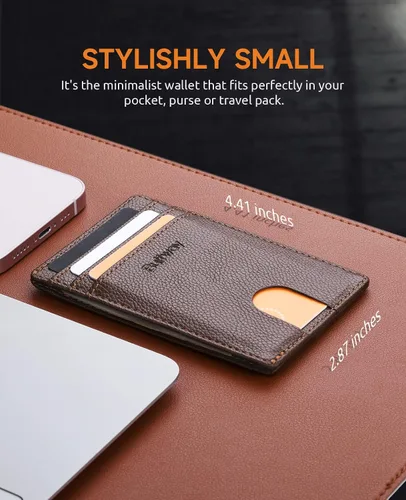 Miniatura 20 de Buffway Billetera delgada para hombre, minimalista con bolsillo frontal delgado, tarjetero de cuero con bloqueo RFID para viajes de trabajo