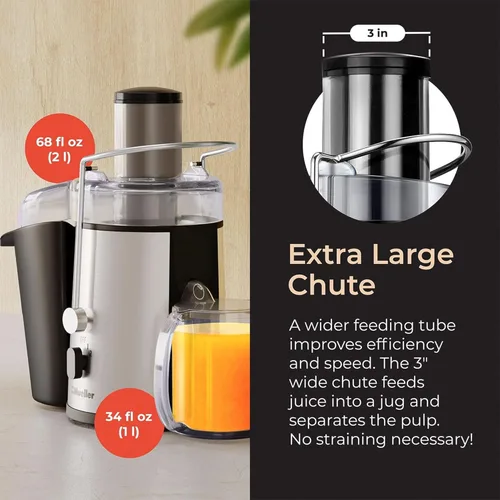 Miniatura 8 de Mueller Juicer Ultra Power, máquina extractora de prensa centrífuga fácil de limpiar, canal de alimentación ancho de 3 pulgadas para frutas enteras