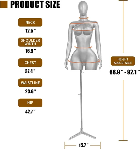 Miniatura 4 de Maniquí de torso brasileño con curvas plateadas, altura ajustable de 66.9 a 92.1 pulgadas, forma de vestido con brazos giratorios desmontables