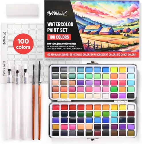 Juego de pintura de acuarela con 100 colores brillantes: para principiantes adultos y profesionales con metálico - Kit de arte de acuarela de viaje