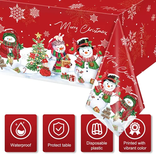 Miniatura 3 de FunnyPars 3 piezas manteles de muñeco de nieve navideños de plástico, cubierta de mesa de invierno con copos de nieve y árbol de Navidad