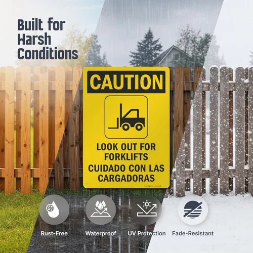 Miniatura 3 de SmartSign - S-8498-AL-14 Letrero bilingüe "Precaución - Cuidado con las carretillas elevadoras" Aluminio de 10" x 14