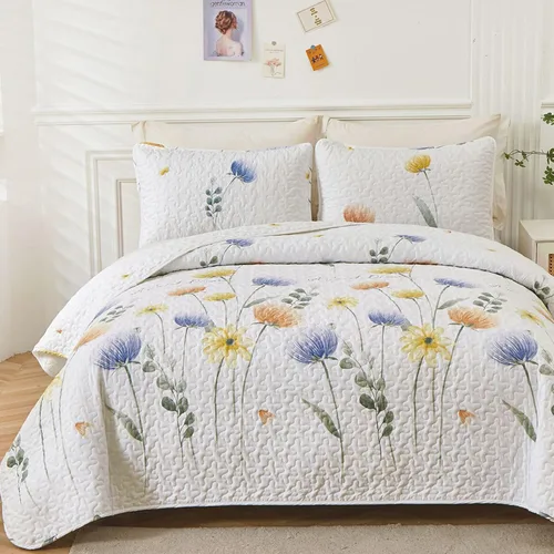 Dinjoy Juego de edredón floral Queen de 3 piezas, colchas azul y amarillo, juego de ropa de cama, colcha bohemia, cubrecama, ligero para primavera y