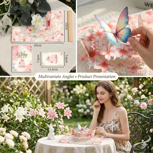 Miniatura 4 de Tarjeta de cumpleaños desplegable 3D – Elegante tarjeta de felicitación emergente de pastel floral de mariposa rosa para mujeres, mamá, esposa