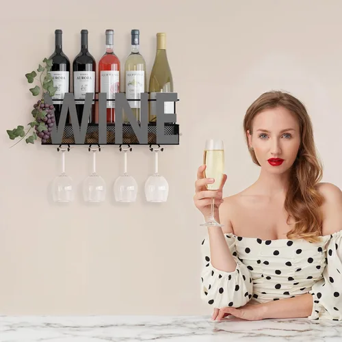 Miniatura 2 de Estante de metal para vino montado en la pared, soporte para botella de vino, soporte para botella de vino, soporte para 4 vasos de tallo largo