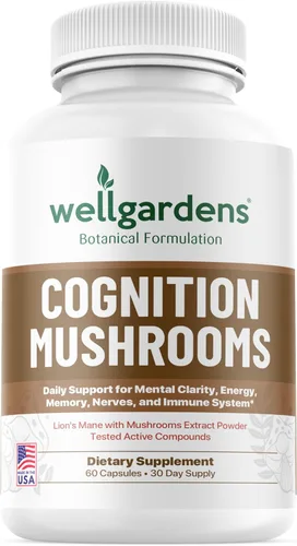 Suplemento de hongos de cognición 100% puro, melena de león, reishi, cordyceps y más, promueve la claridad mental, el enfoque, la memoria, la