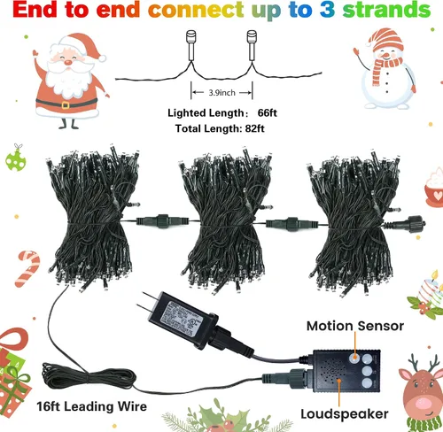 Miniatura 7 de Toodour Tira de 200 luces LED de Navidad de 82 pies para exteriores e interiores con música, sensor de movimiento, luz multicolor para árbol