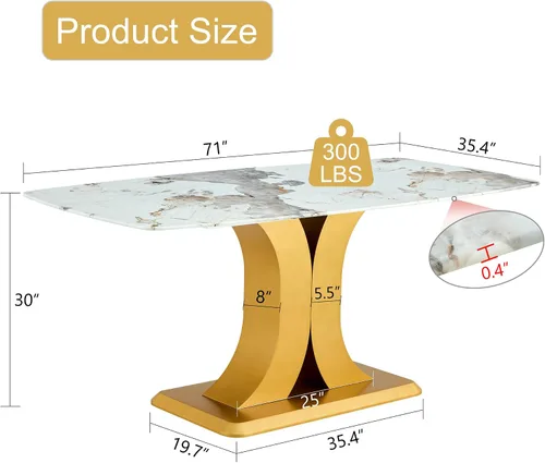 Miniatura 2 de A Modern Minimalist Dining Table. Imitation Marbled Glass Tabletop. Gold Table Legs for Kitchen and Living Room