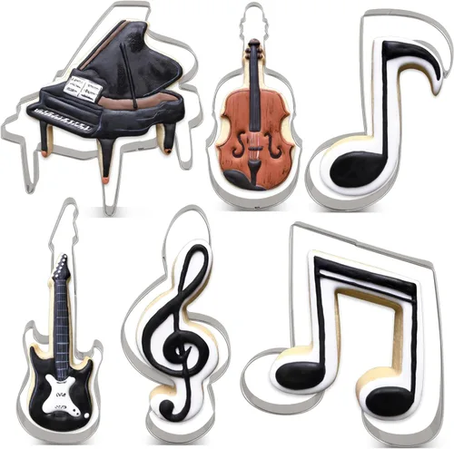 LILIAO Juego de 6 cortadores de galletas musicales, para violín, piano, guitarra eléctrica, nota musical, clave G y octava nota para fondant, acero