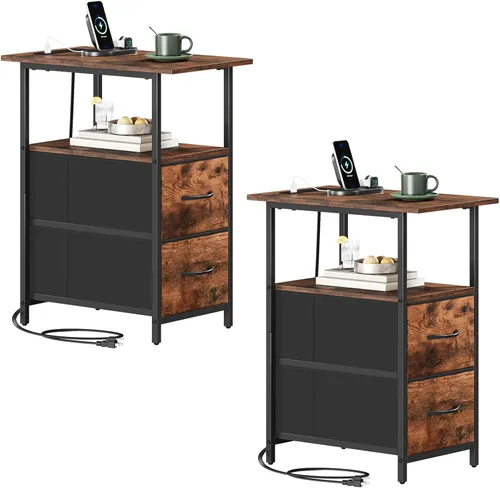 Miniatura 11 de Somdot - Mesa auxiliar con estación de carga; mesa auxiliar estrecha con 2 cajones de tela, mesita de noche delgada con almacenamiento; pequeña mesa