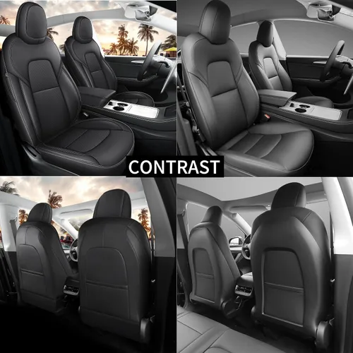 Miniatura 6 de Fundas de Asiento Negras para Tesla Model Y, Funda de Asiento de Coche Tesla de 12 Piezas, Impermeable, Cuero Nappa, Totalmente Envueltas, Negro