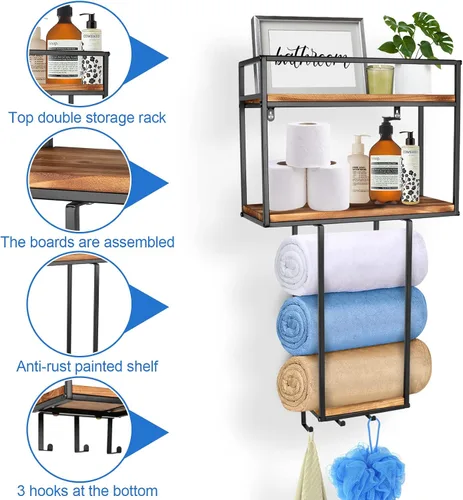 Miniatura 3 de MOUGIGI Toallero montado en la pared, diseño que ahorra espacio para baños pequeños, organizador versátil para toallas, mantas y más, ideal