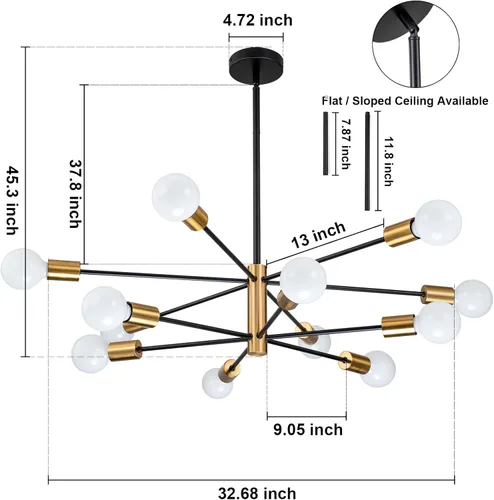 Miniatura 4 de SINERISE Lámpara de Araña Moderna Sputnik, Luminaria de Lámpara de Araña de 12 Luces Luminaria de Techo Lámpara de Araña Negra y Dorada Lámpara