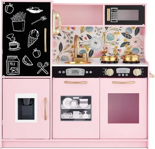 Best Choice Products Juego de juguetes de madera para niños con diseño realista, teléfono, utensilios, horno, microondas, fregadero, rosa floral