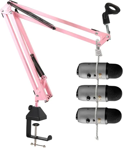Miniatura 3 de Brazo de brazo de micrófono rosa, soporte de micrófono de tijera de suspensión resistente con soporte de choque y filtro pop, abrazadera