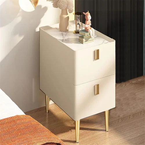 Miniatura 15 de Mesita de noche moderna de madera maciza con almacenamiento de 2 cajones, parte superior de mármol, práctica mesa auxiliar auxiliar para dormitorio