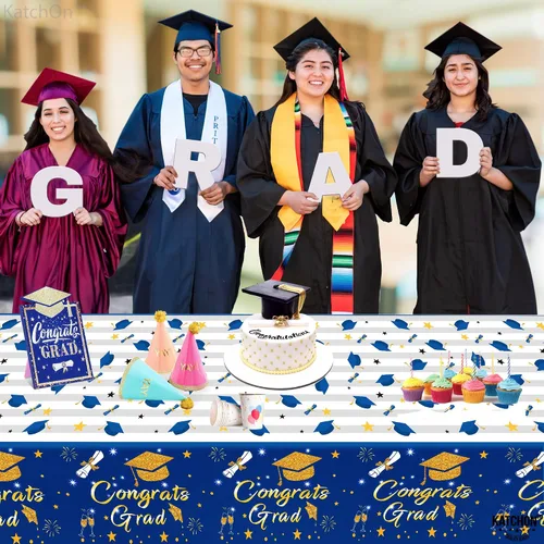 Miniatura 3 de KatchOn Decoraciones de graduación 2026 Mantel de graduación azul y blanco – Paquete de 3, extra grande de 108 x 54 pulgadas Mantel