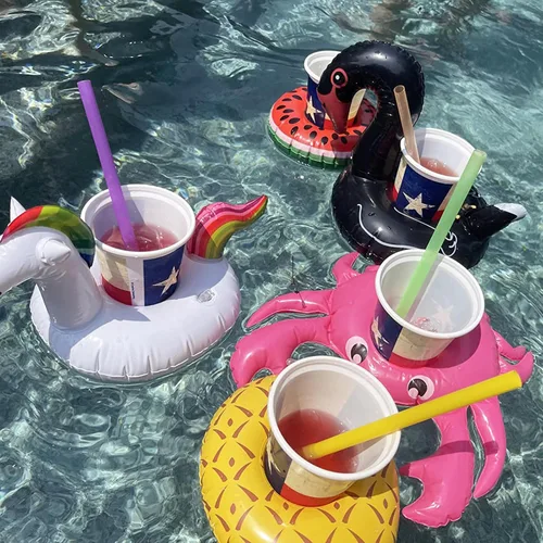 Miniatura 9 de Soporte inflable para bebidas, paquete de 15 flotadores para bebidas, portavasos inflables de flamenco para fiesta en la piscina