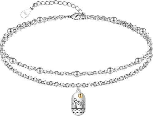 Miniatura 16 de CHIC & ARTSY Tobilleras delicadas de plata de ley S925 para verano, pulsera de tobillo ajustable multicapa para playa, joyería de pie para mujer