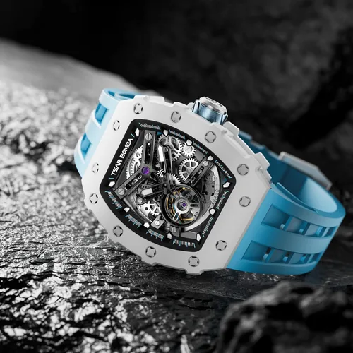 Miniatura 2 de Watch for Men, Automatic Skeleton Mechanical Mens Watch, 50M Waterproof Luxury Tonneau Square Big Face Dial Watch with SiliconeFluoroelastomer Watch