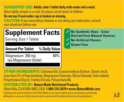 Miniatura 7 de Nature Made Óxido de magnesio 250 mg, suplementos de magnesio para hombres y mujeres, apoyo para la salud muscular, corazón, huesos y nervios, 200