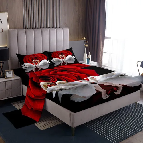 Miniatura 20 de Erosebridal Sábanas de cama de guepardo con rosa roja, juego de sábanas de bolsillo profundo con estampado de leopardo y gato, sábana bajera