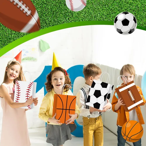 Miniatura 6 de TaoBary 12 bolsas de regalo para fiestas deportivas, fútbol, béisbol, deportes, bolsas de regalo con asas para decoración de fiesta de cumpleaños