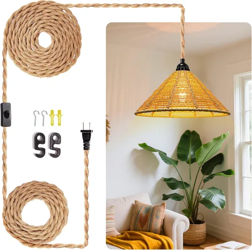 Miniatura 16 de Lámpara colgante de ratán: iluminación colgante de 16.4 pies con cable enchufable, enchufe a toma de pared, interruptor de encendido/apagado