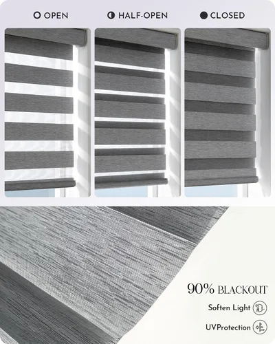 Miniatura 5 de Graywind Persianas motorizadas de cebra para ventanas, persianas inteligentes 100 % opacas con control remoto, persianas de cebra personalizadas