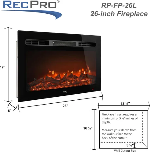Miniatura 5 de RecPro Chimenea de RV Chimenea eléctrica empotrada Vidrio con vista de tronco Incluye control remoto (26 pulgadas de ancho)